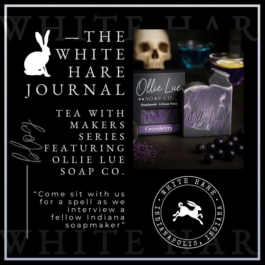 Ollie Lue Soap Co handmade purple artisan soap with packaging and Halloween themed display including skull and dark background