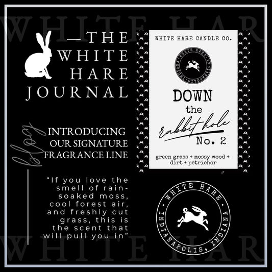 Black and white graphic for ‘The White Hare Journal’ blog introducing the signature fragrance line, featuring the Down the Rabbit Hole No. 2 label with green grass, mossy wood, dirt, and petrichor scent notes.